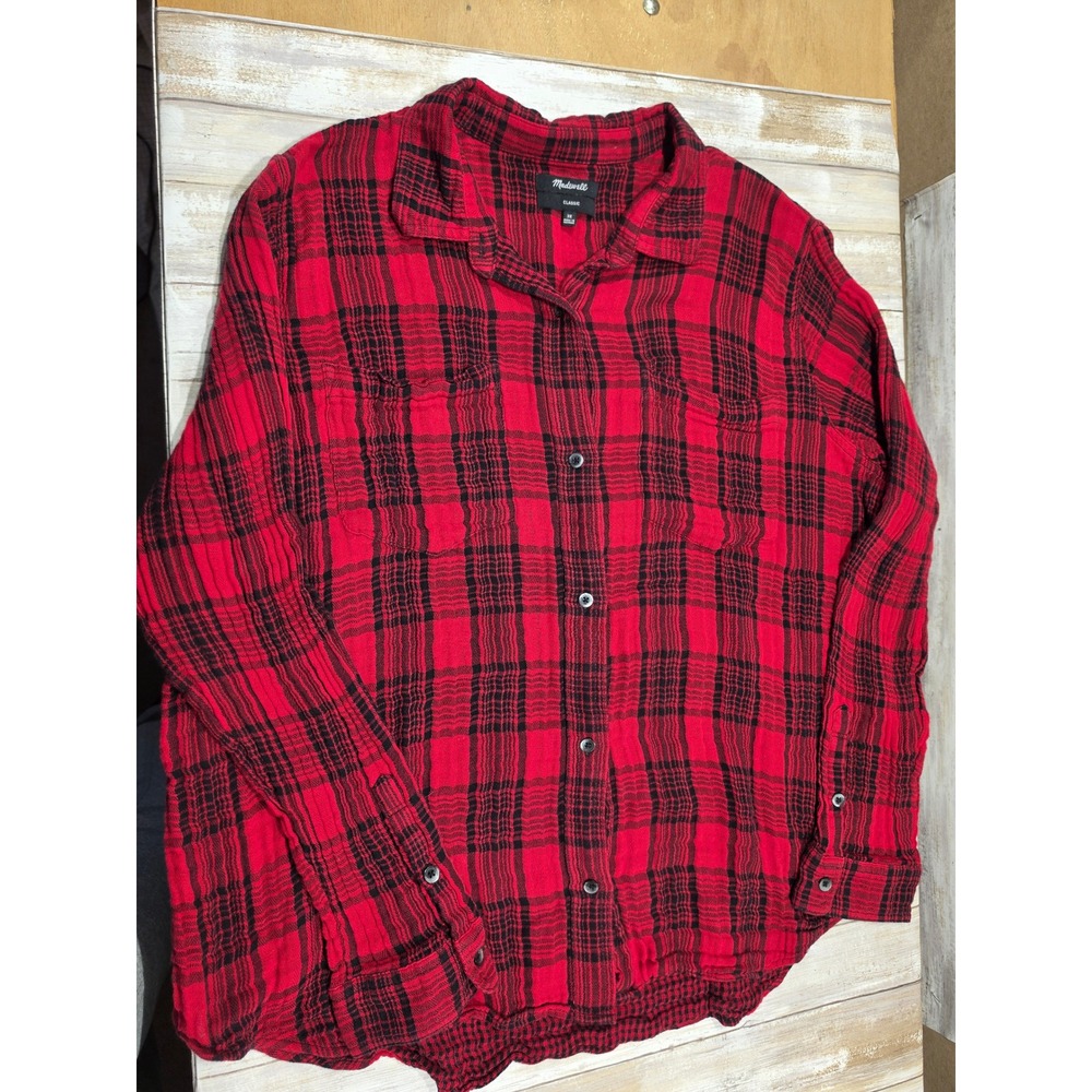 Madewell Classic Red Black Plaid Cotton Gauze Button Down Shirt Plus Size 3X